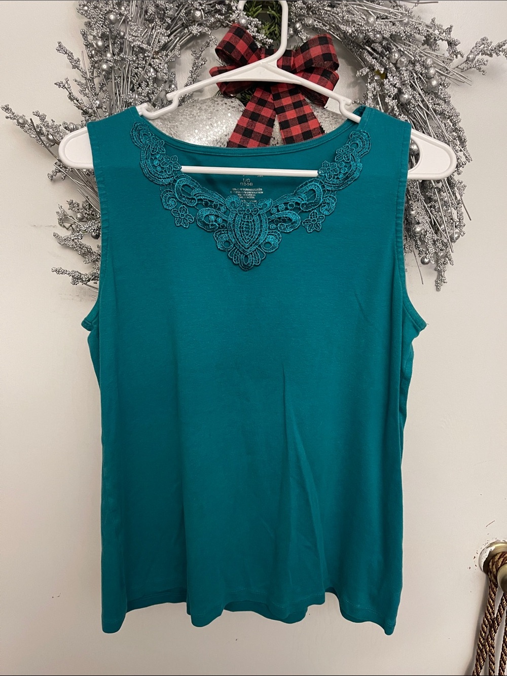 White Stag Teal Sleeveless Tank with Crochet Lace Yoke